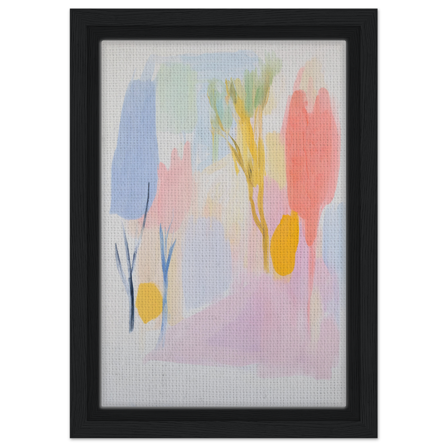 Abstract painting in soft pastels within a black frame for Blissful Hues Clarity room decor