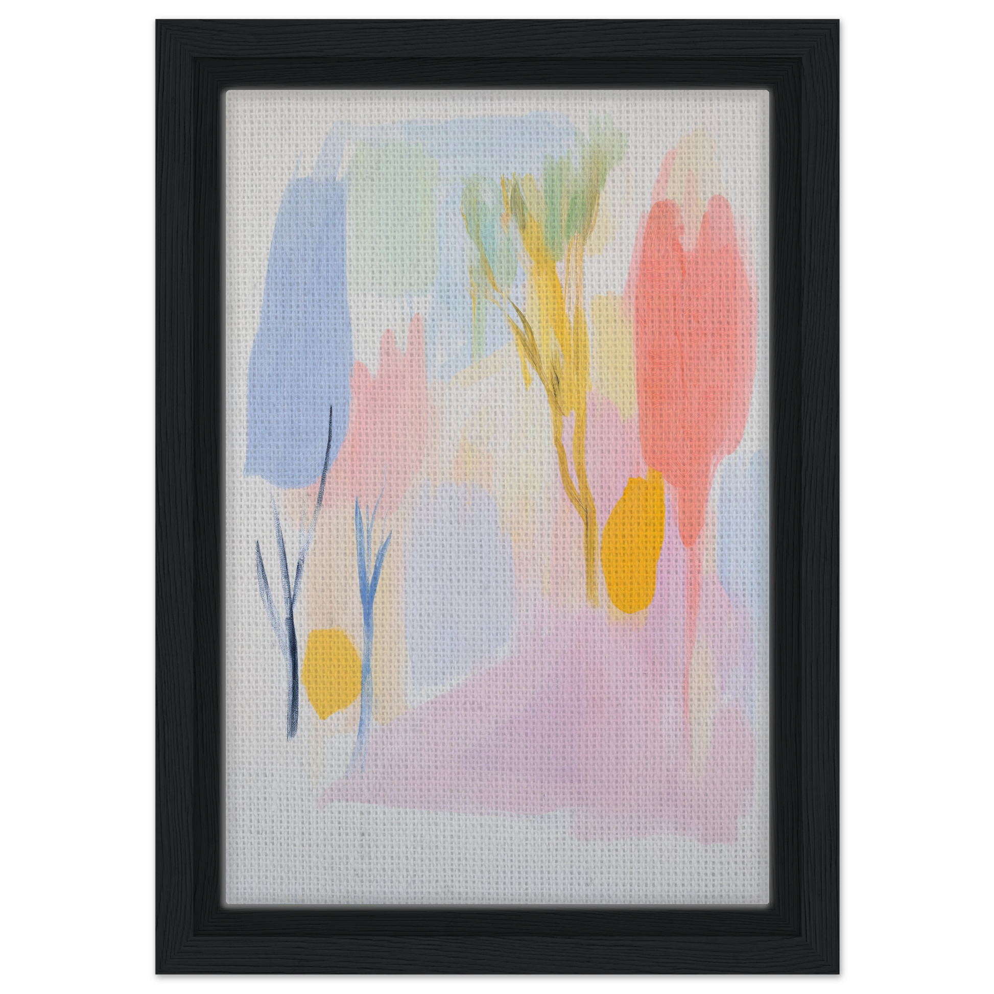 Abstract painting in soft pastels within a black frame for Blissful Hues Clarity room decor