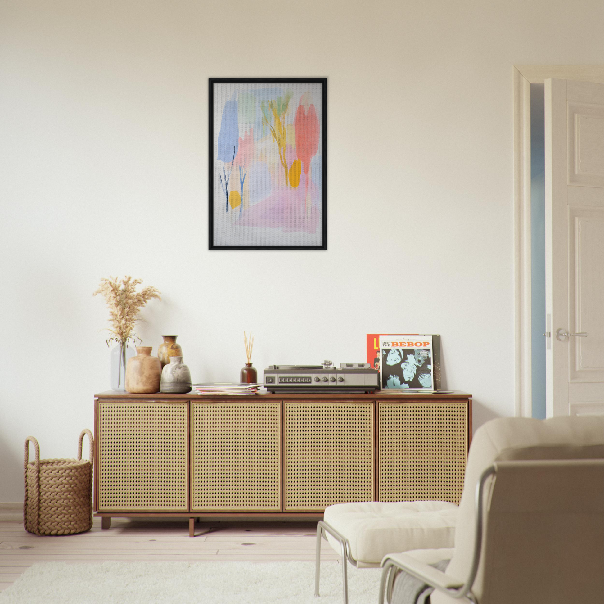 Wooden sideboard with cane-fronted doors enhancing Blissful Hues Clarity room decor