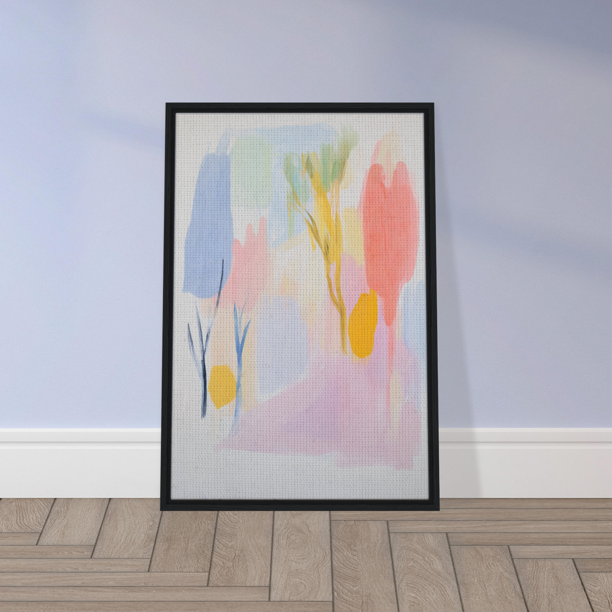 Framed canvas wall art titled Blissful Hues Clarity featuring soft pastel floral shapes