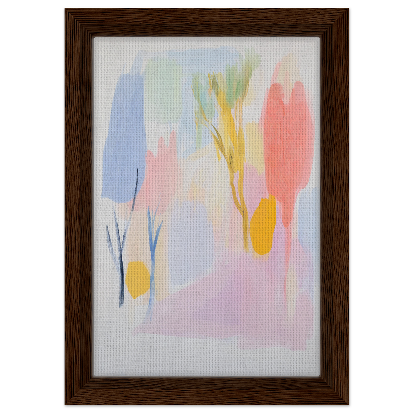Abstract painting of soft pastel shapes resembling trees, showcasing Blissful Hues Clarity framed canvas wall art