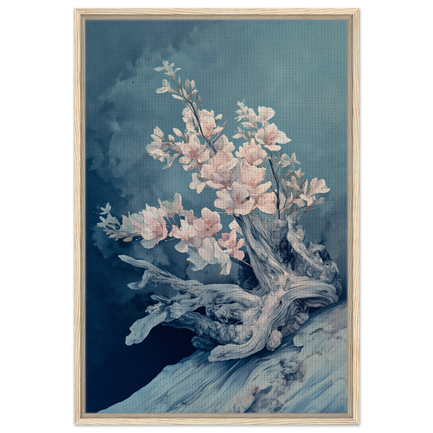 Delicate cherry blossom branch on driftwood for Blue Bonsai Reverie room decor