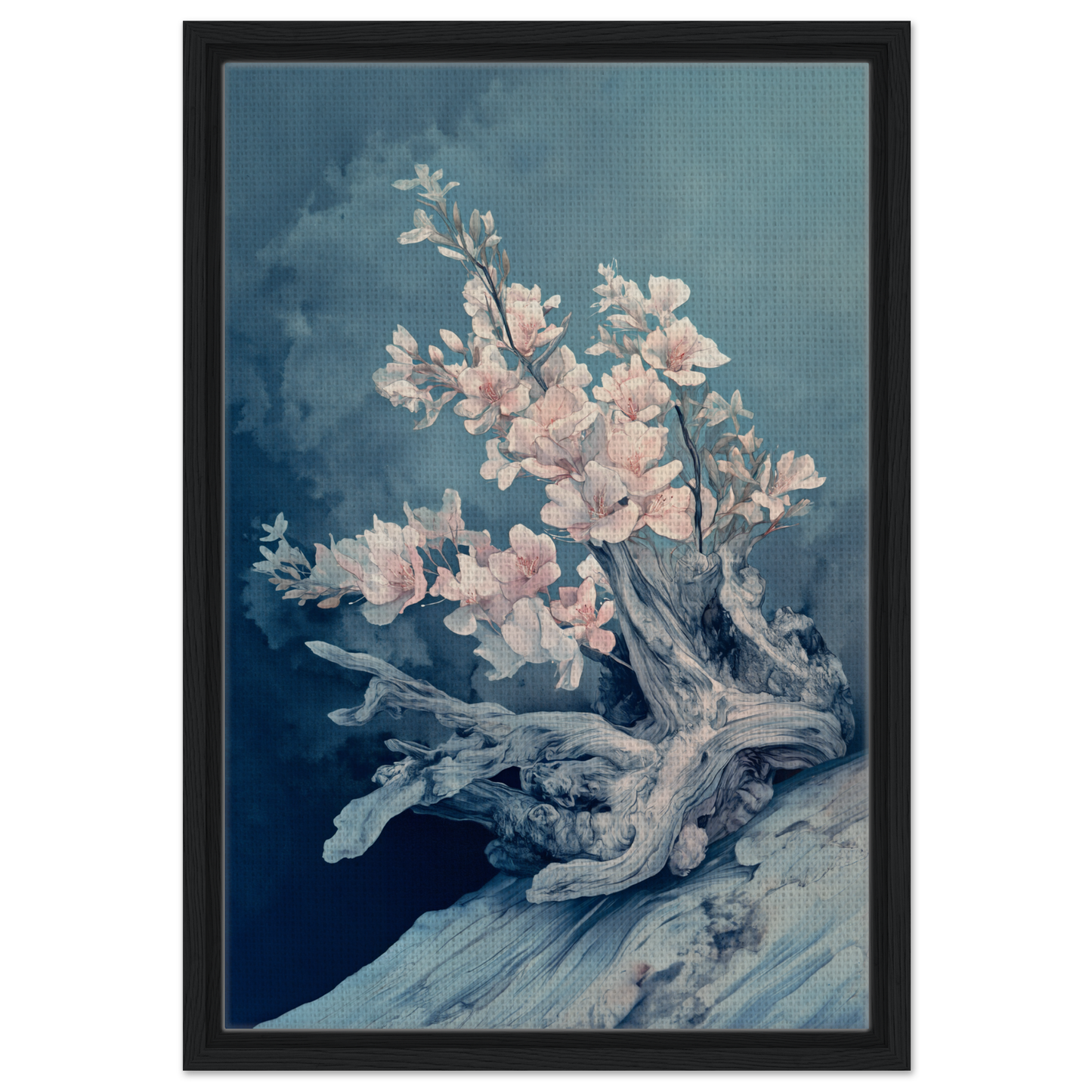 Delicate cherry blossoms bloom from a gnarled branch in Blue Bonsai Reverie for stylish room decor