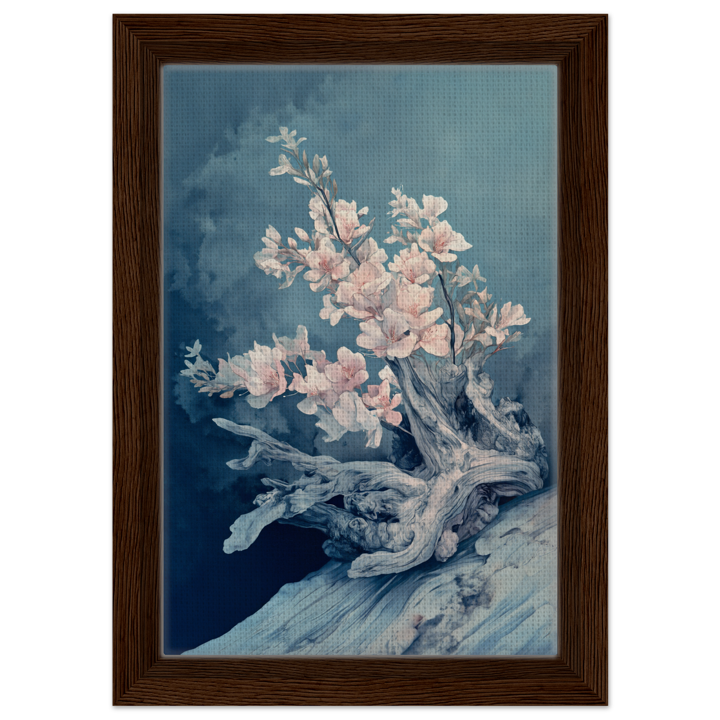 Framed canvas print of delicate pink cherry blossoms in Blue Bonsai Reverie design