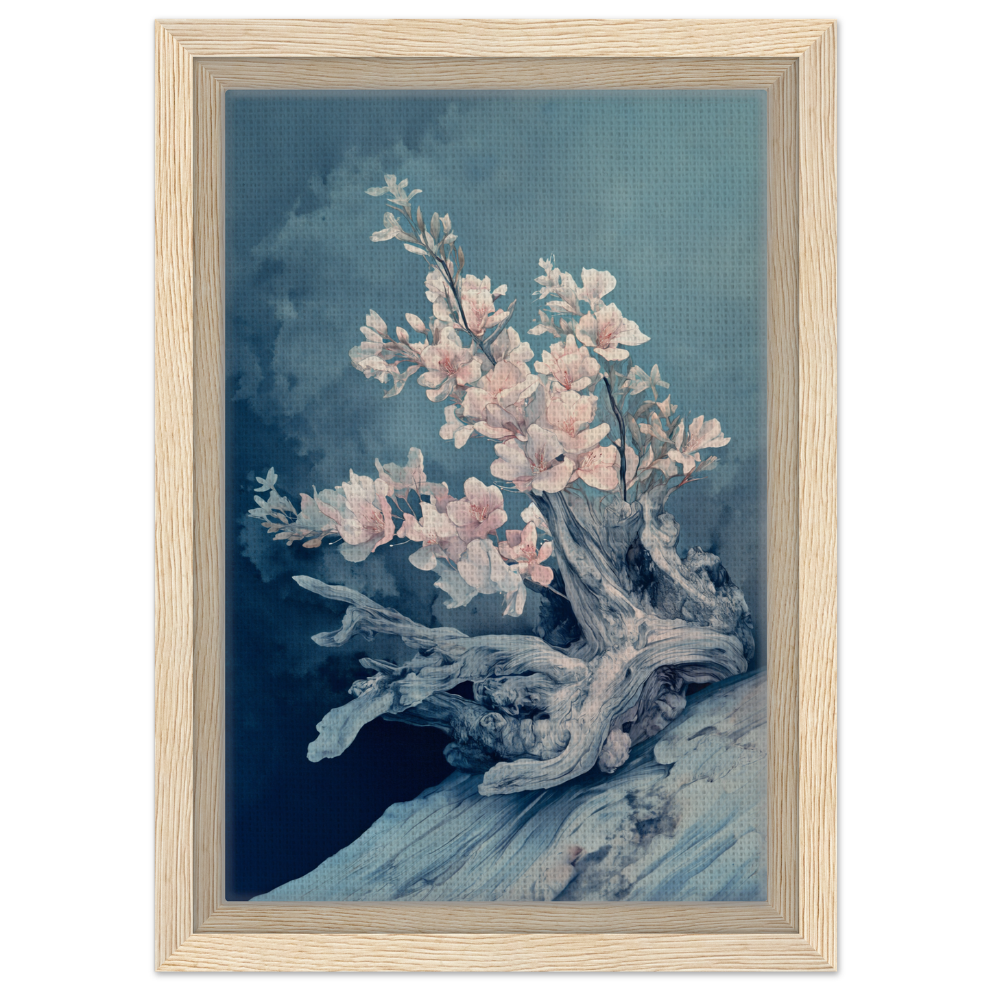 Delicate pink cherry blossoms bloom on a gnarled branch in Blue Bonsai Reverie