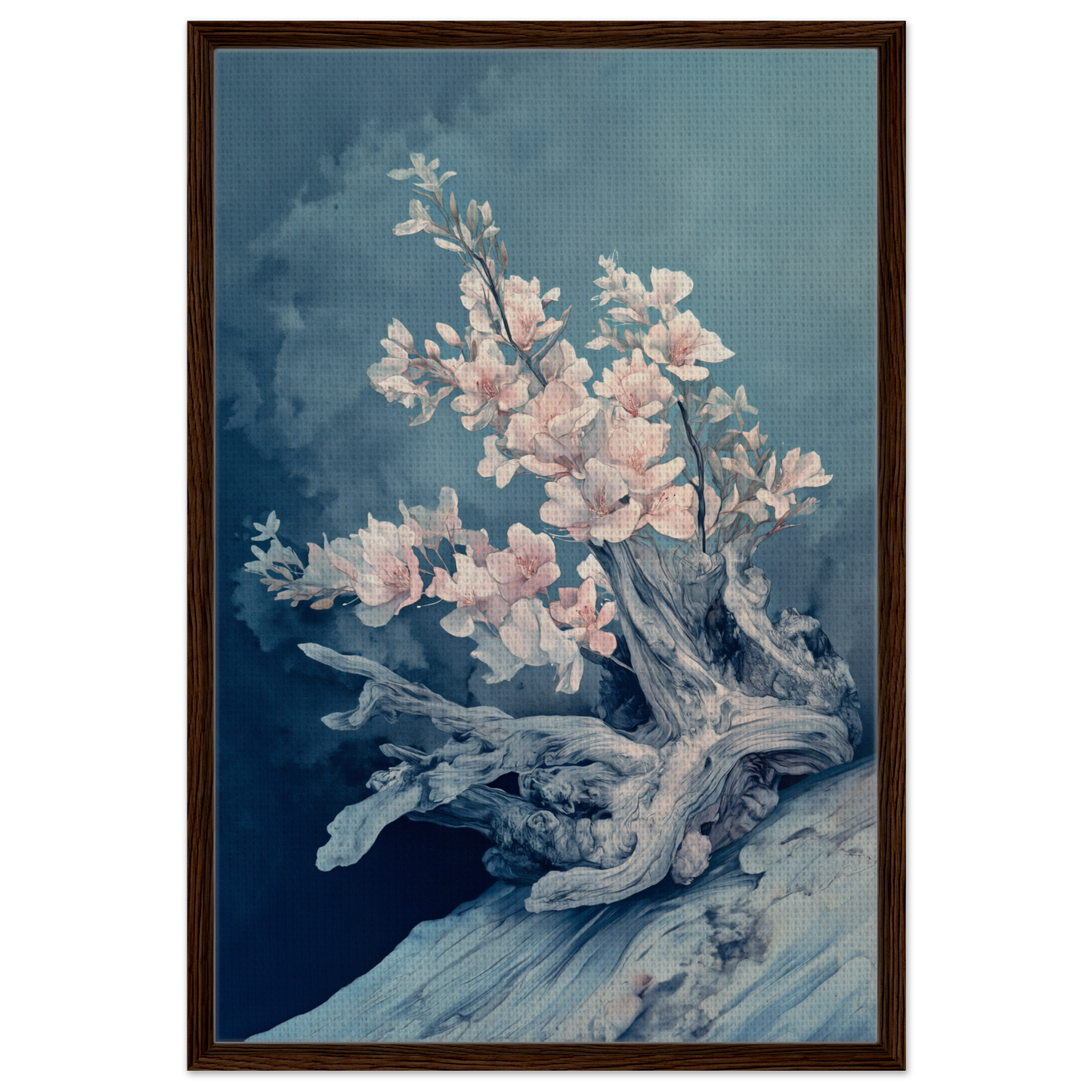 Delicate cherry blossoms on driftwood branch in Blue Bonsai Reverie framed canvas print