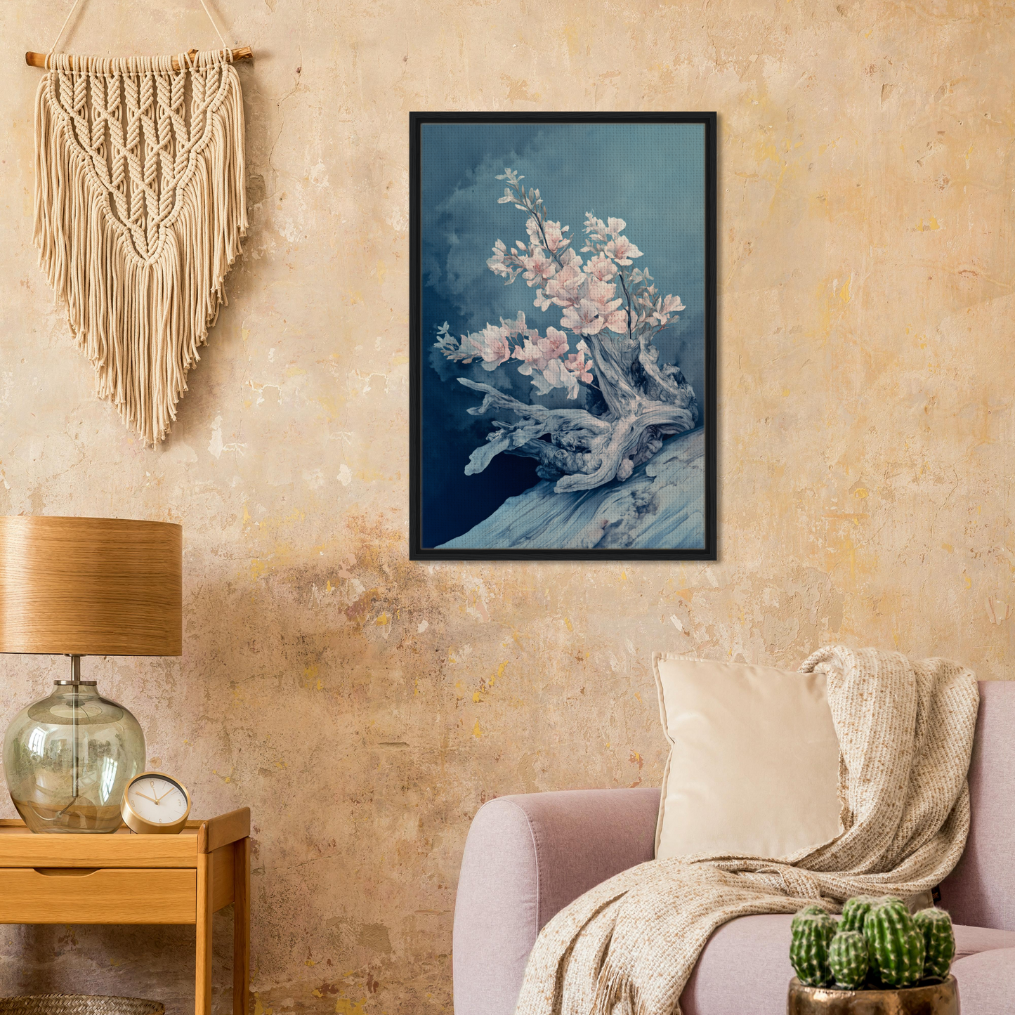 Framed artwork of pink cherry blossoms in Blue Bonsai Reverie for stylish room decor