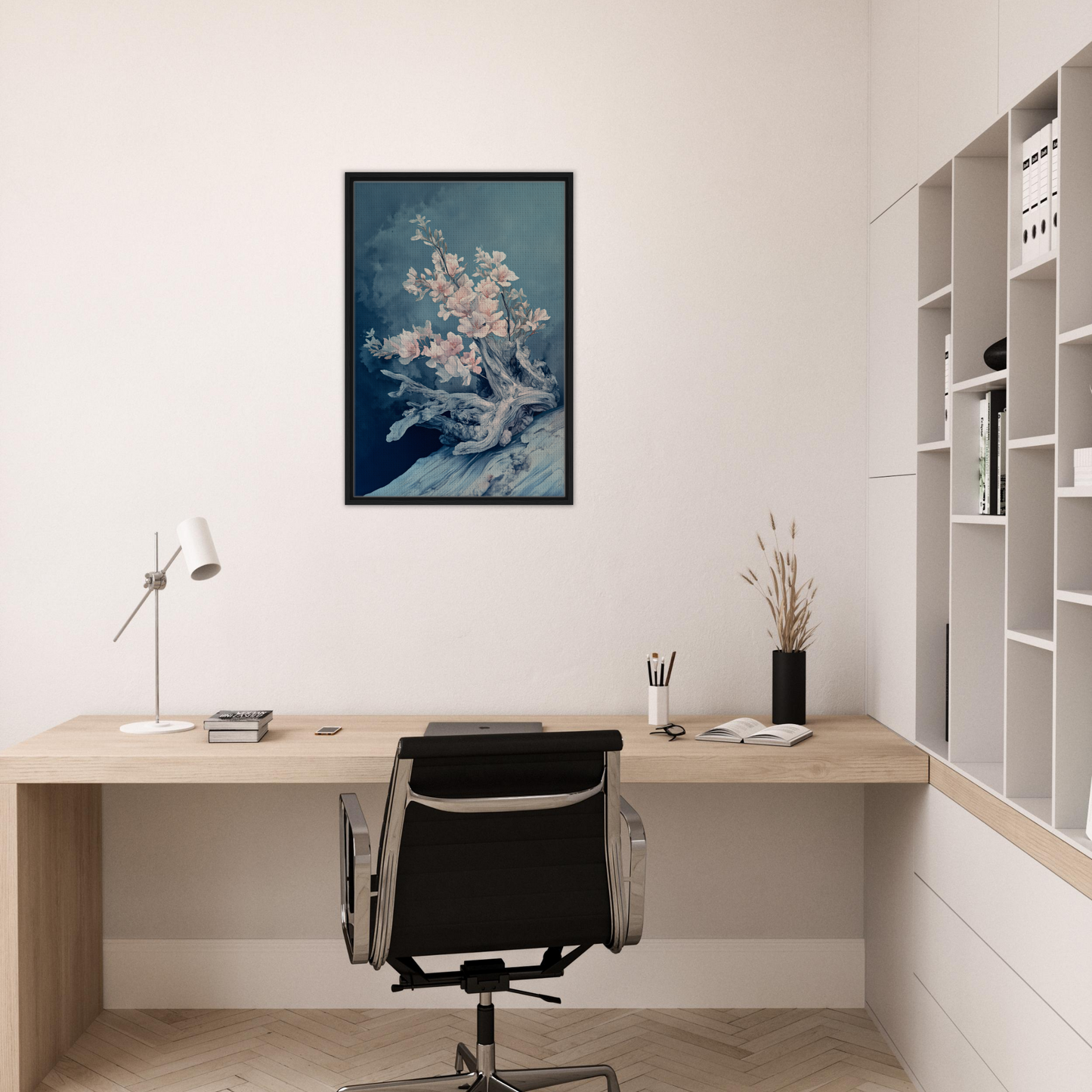 Minimalist home office with Blue Bonsai Reverie framed canvas print and wooden desk