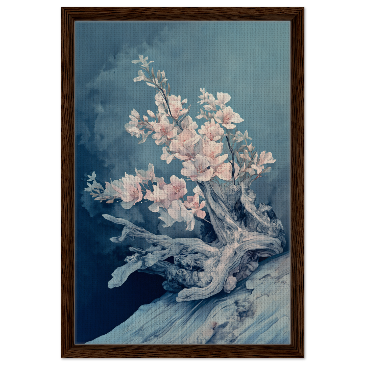 Delicate pink cherry blossoms on a gnarled branch enhance Blue Bonsai Reverie room decor