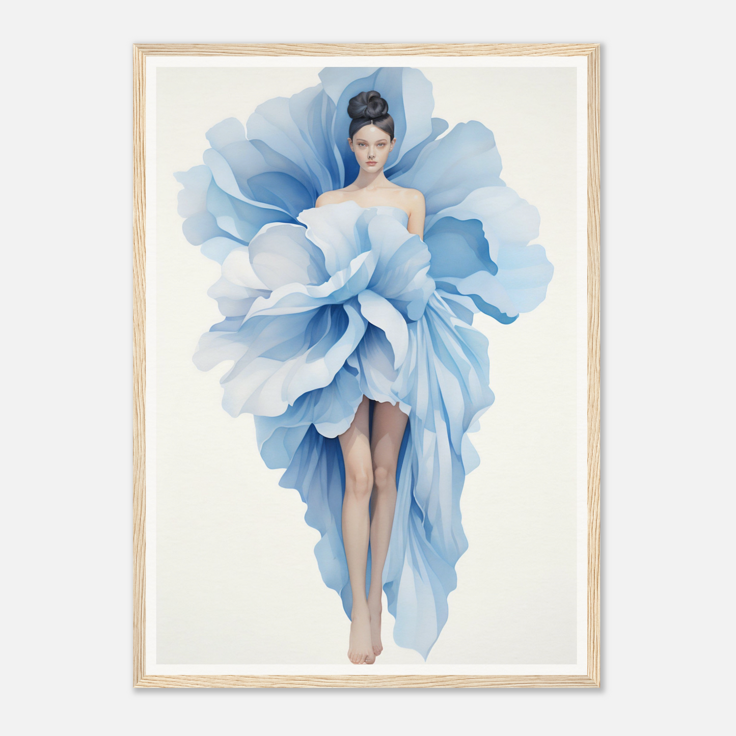 A blue dress with a large flower on the bottom