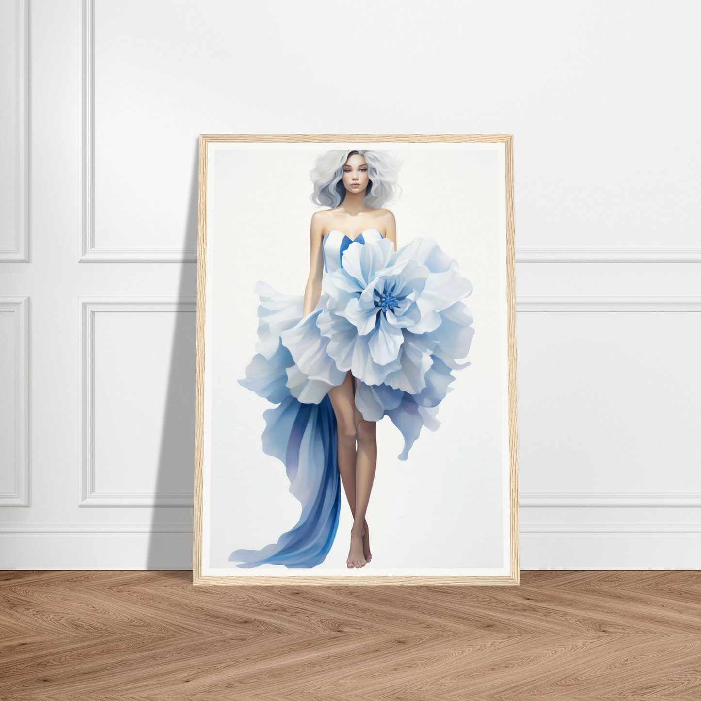 A blue dress with a large flower on the bottom