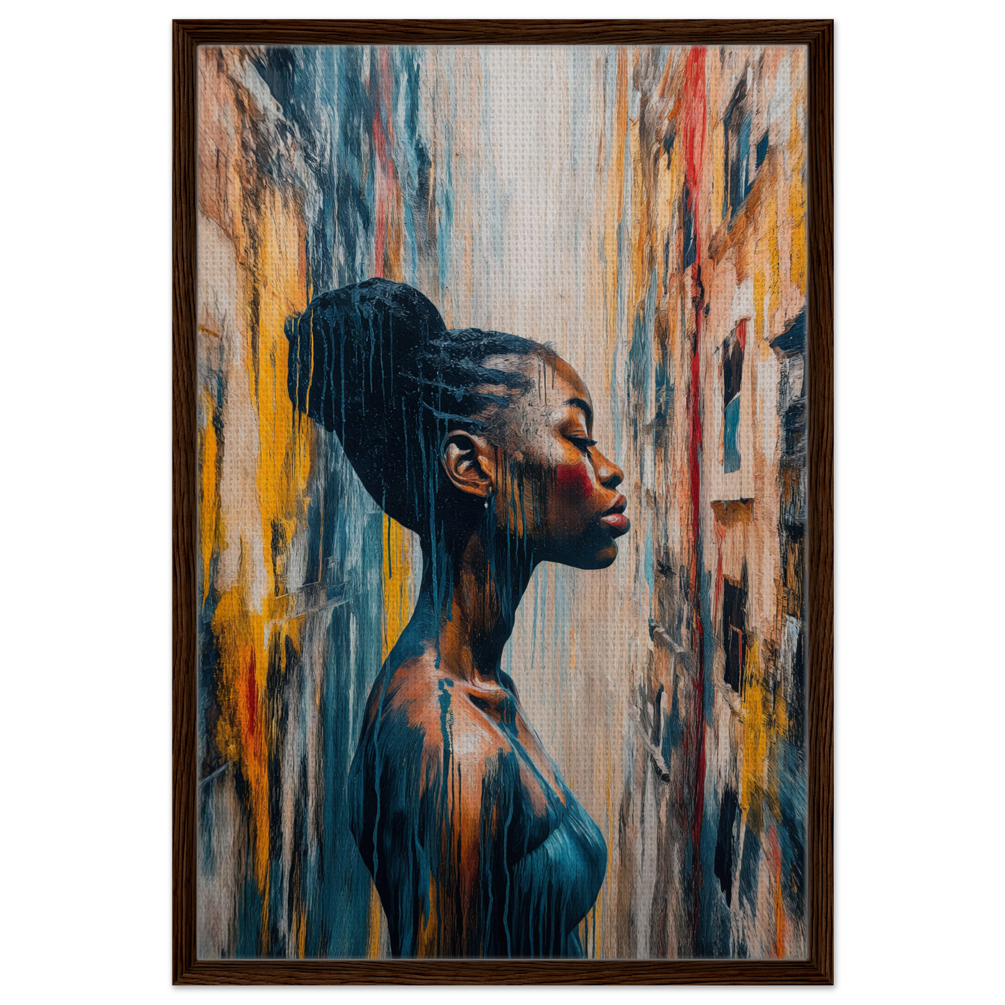 Portrait of a woman with an updo in profile for Blue Reflections Whirl framed canvas print