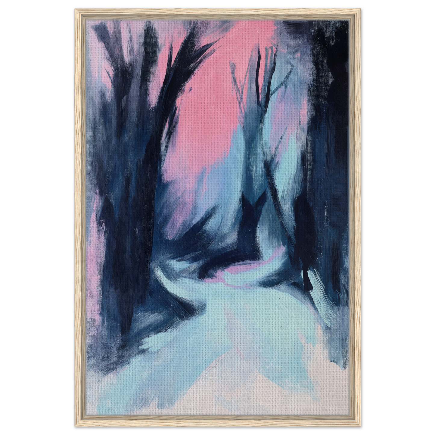 Abstract painting of a misty forest path in blue twilight whisper tones, framed canvas print