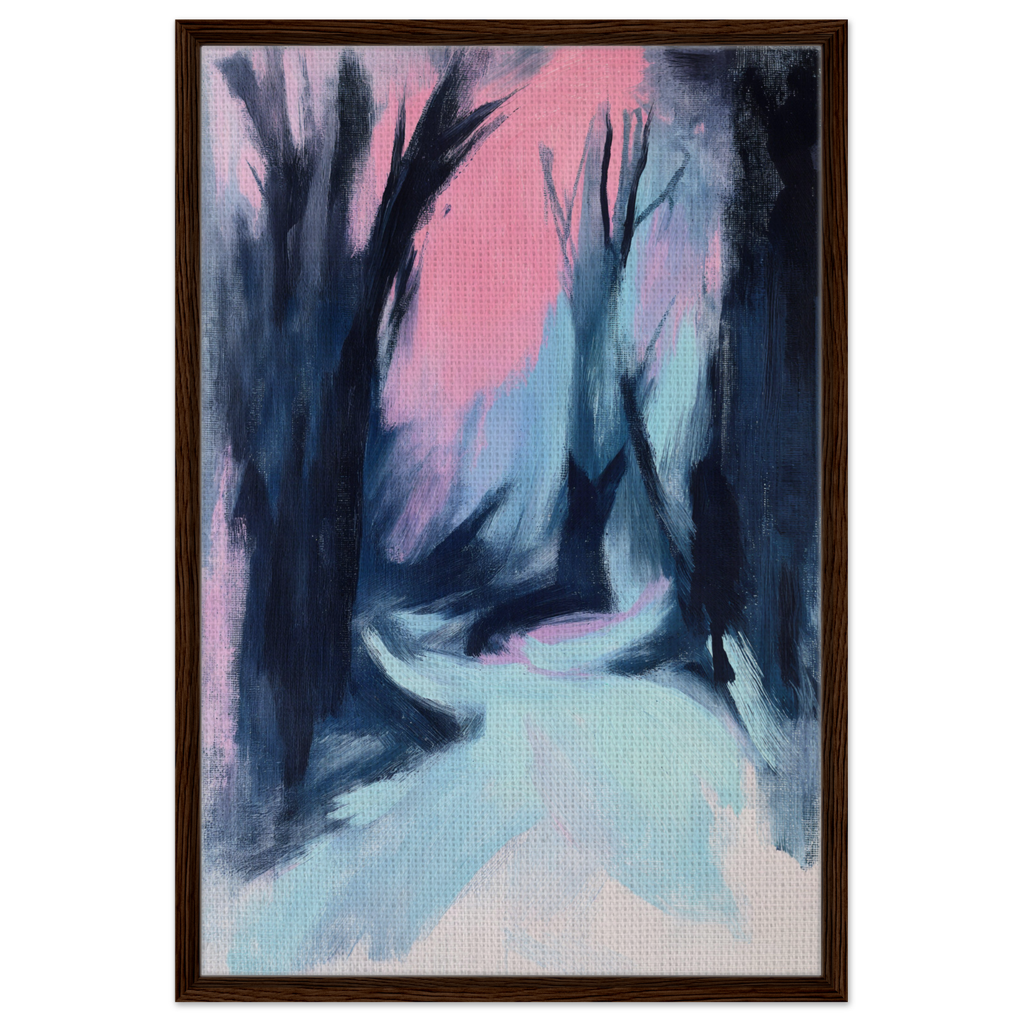 Abstract painting of a misty forest path in cool blue and pink tones, Blue Twilight Whisper