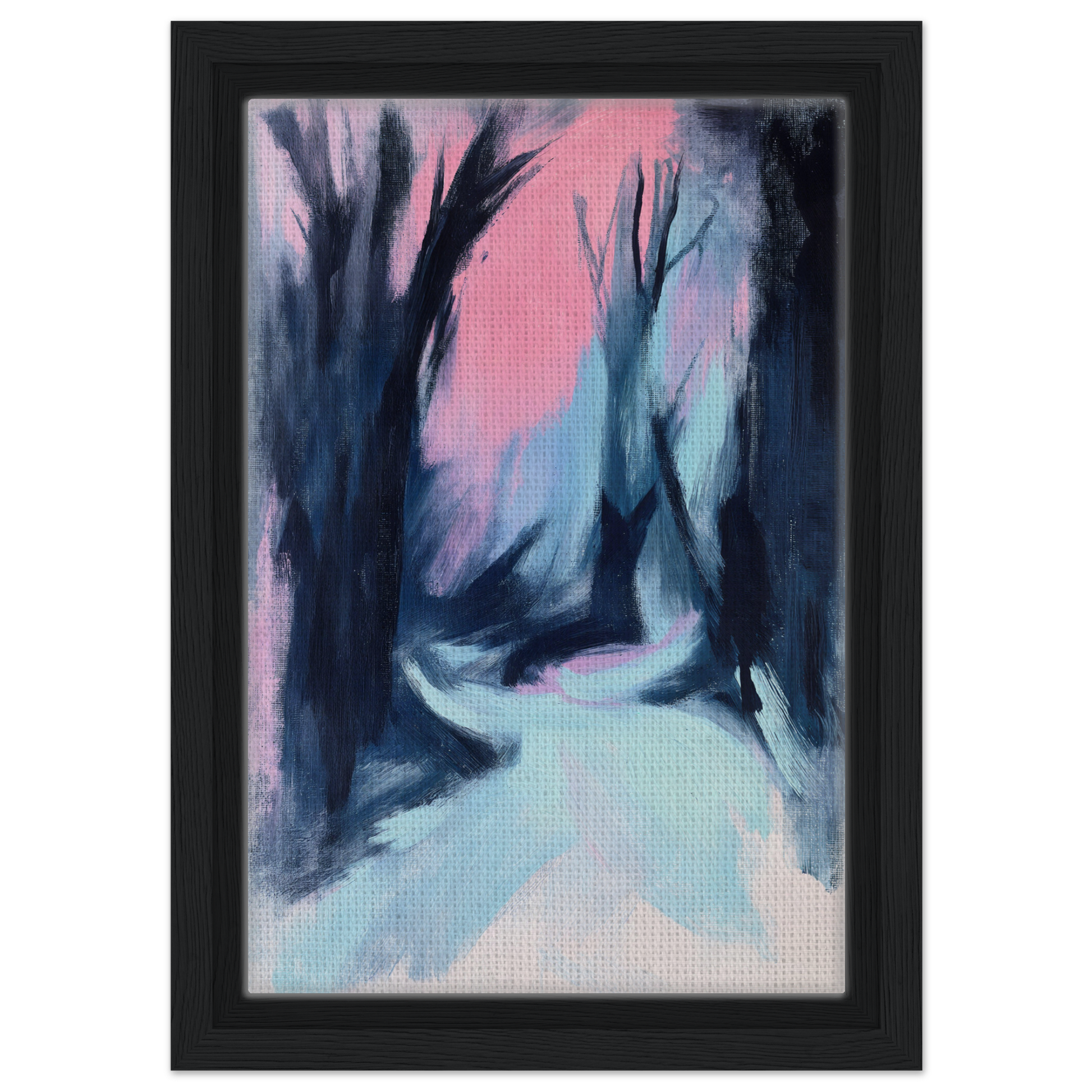 Abstract forest path with pink sky in Blue Twilight Whisper framed canvas print