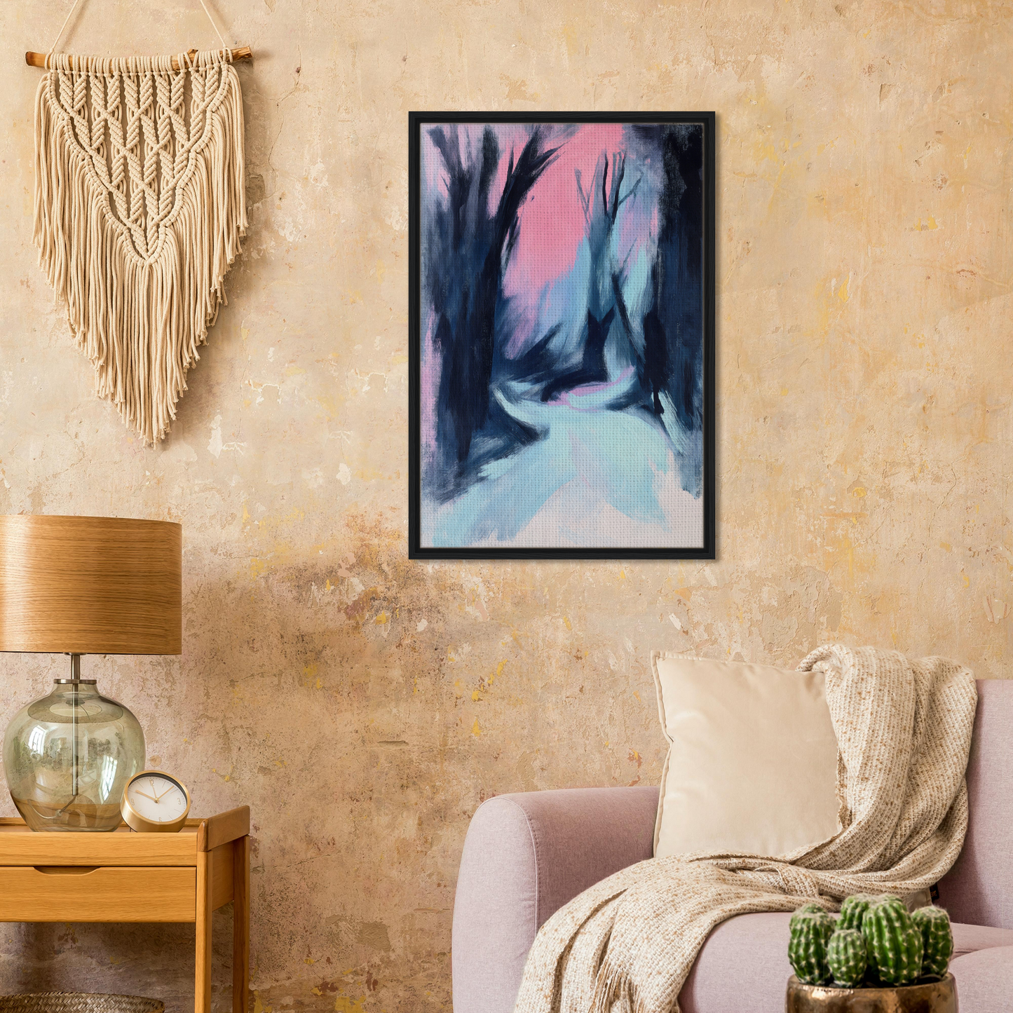 Framed canvas print of snowy forest path under a blue twilight whisper sky