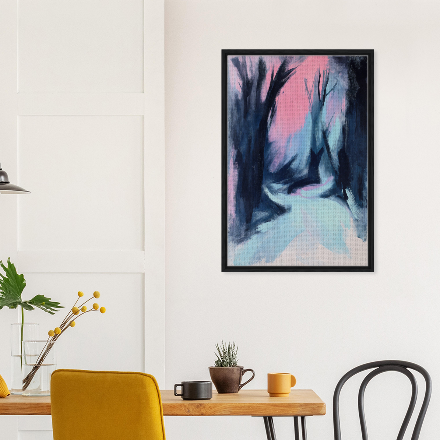 Abstract painting of a misty forest path in pink and blue for Blue Twilight Whisper decor
