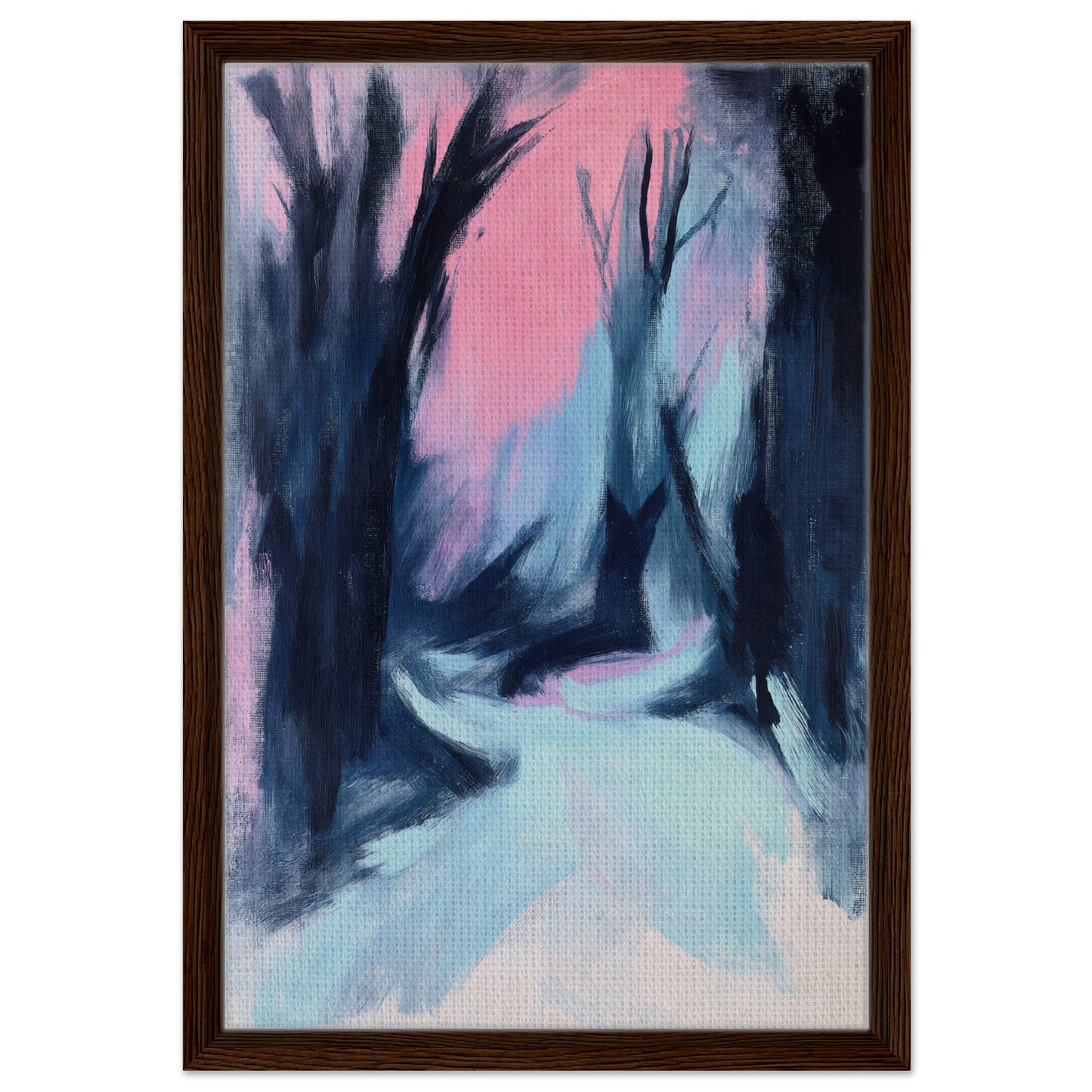 Abstract painting of a misty forest path in blue twilight whisper for stylish room decor