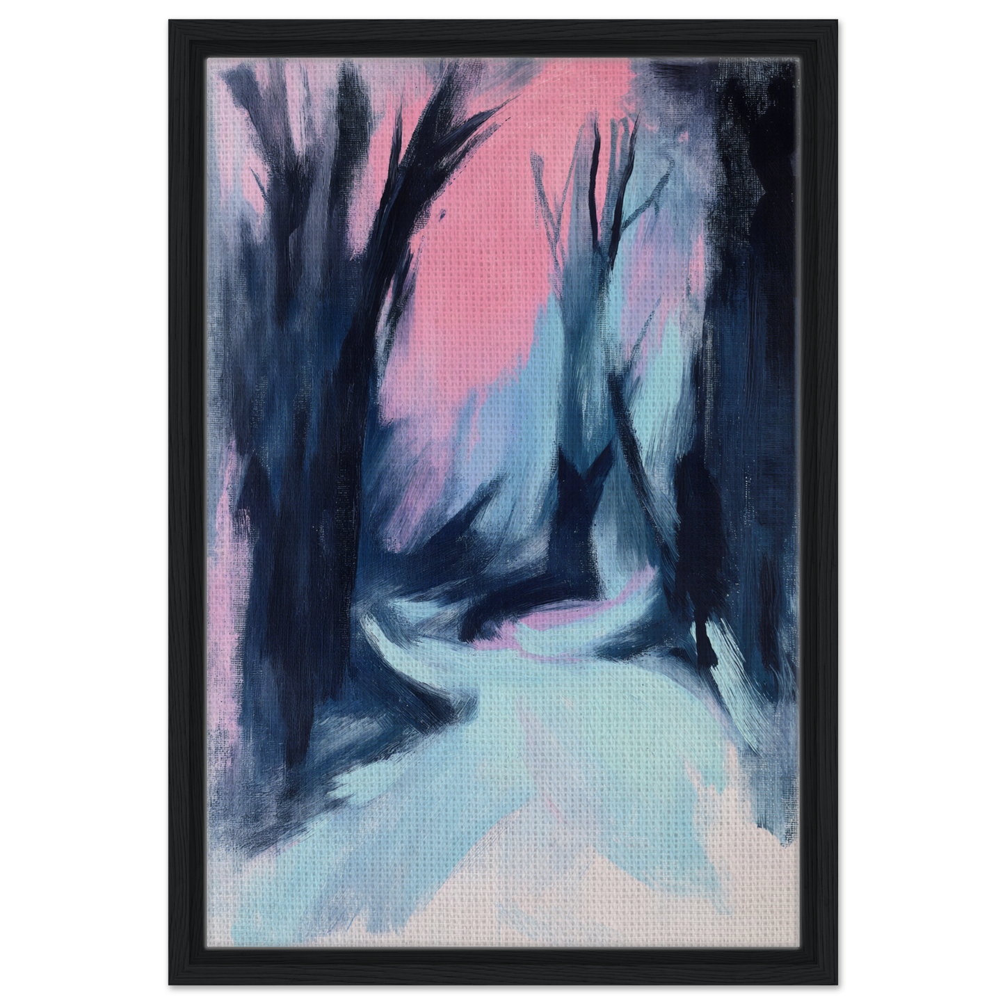 Abstract painting of a shadowy forest path in blue twilight whisper tones for room decor