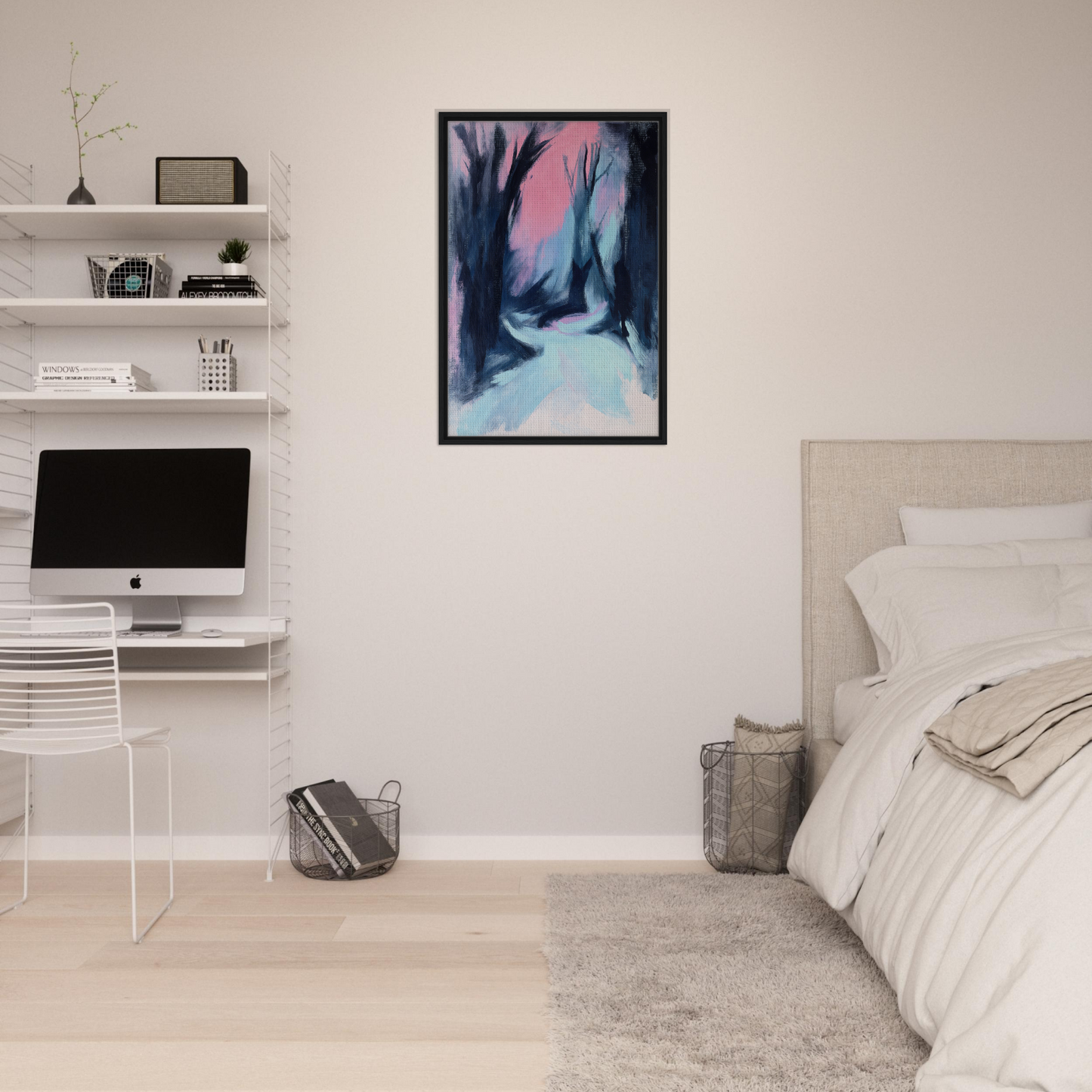 Framed canvas print of a snowy forest path at blue twilight whisper with a pink sky