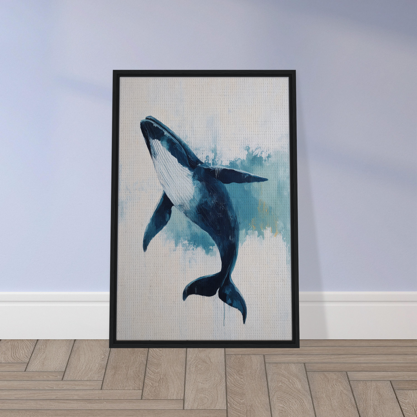 Framed canvas print of an orca whale leaping in Blue Whale Waltz artwork