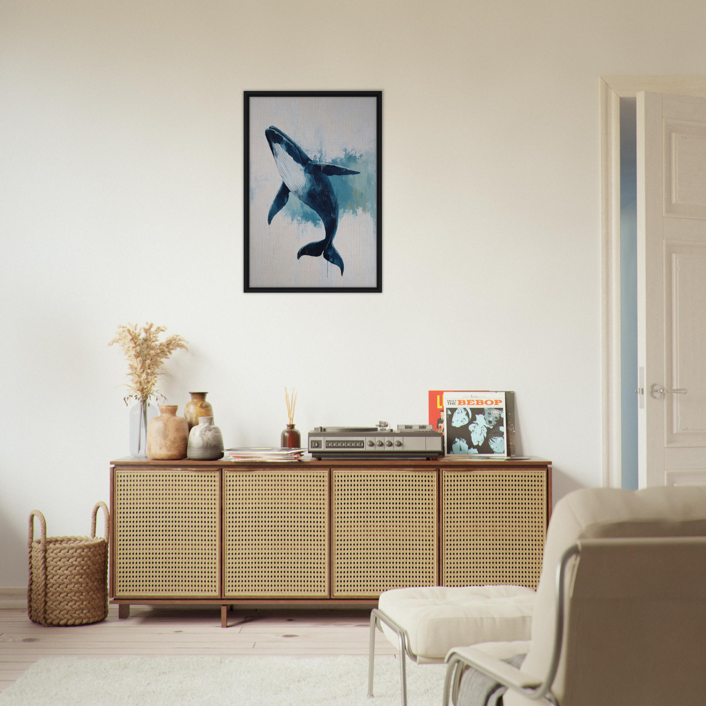Framed canvas print of a blue whale swimming in Blue Whale Waltz artwork