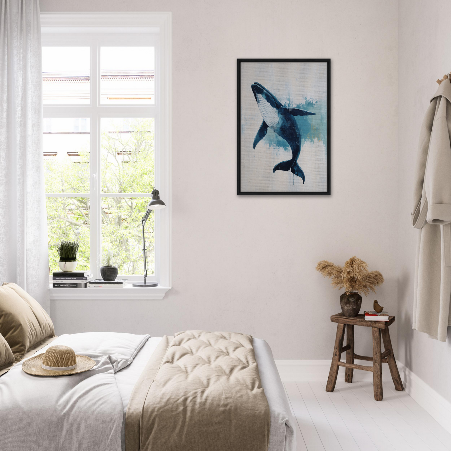 Framed watercolor-style painting of a blue whale for elegant room decor, Blue Whale Waltz