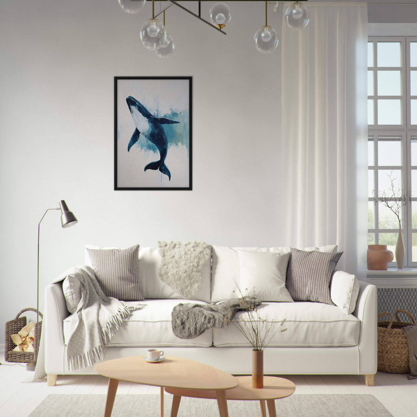 White sofa adorned with throw pillows and blankets, featuring Blue Whale Waltz art