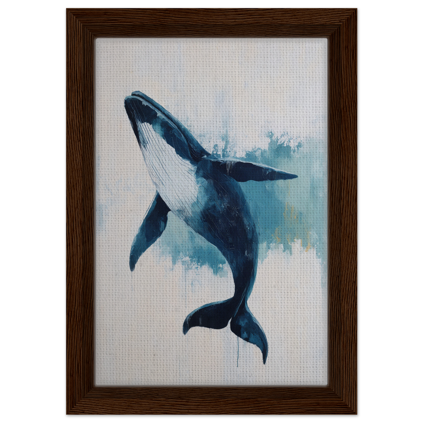 Watercolor-style painting of a blue whale breaching, Blue Whale Waltz framed canvas print