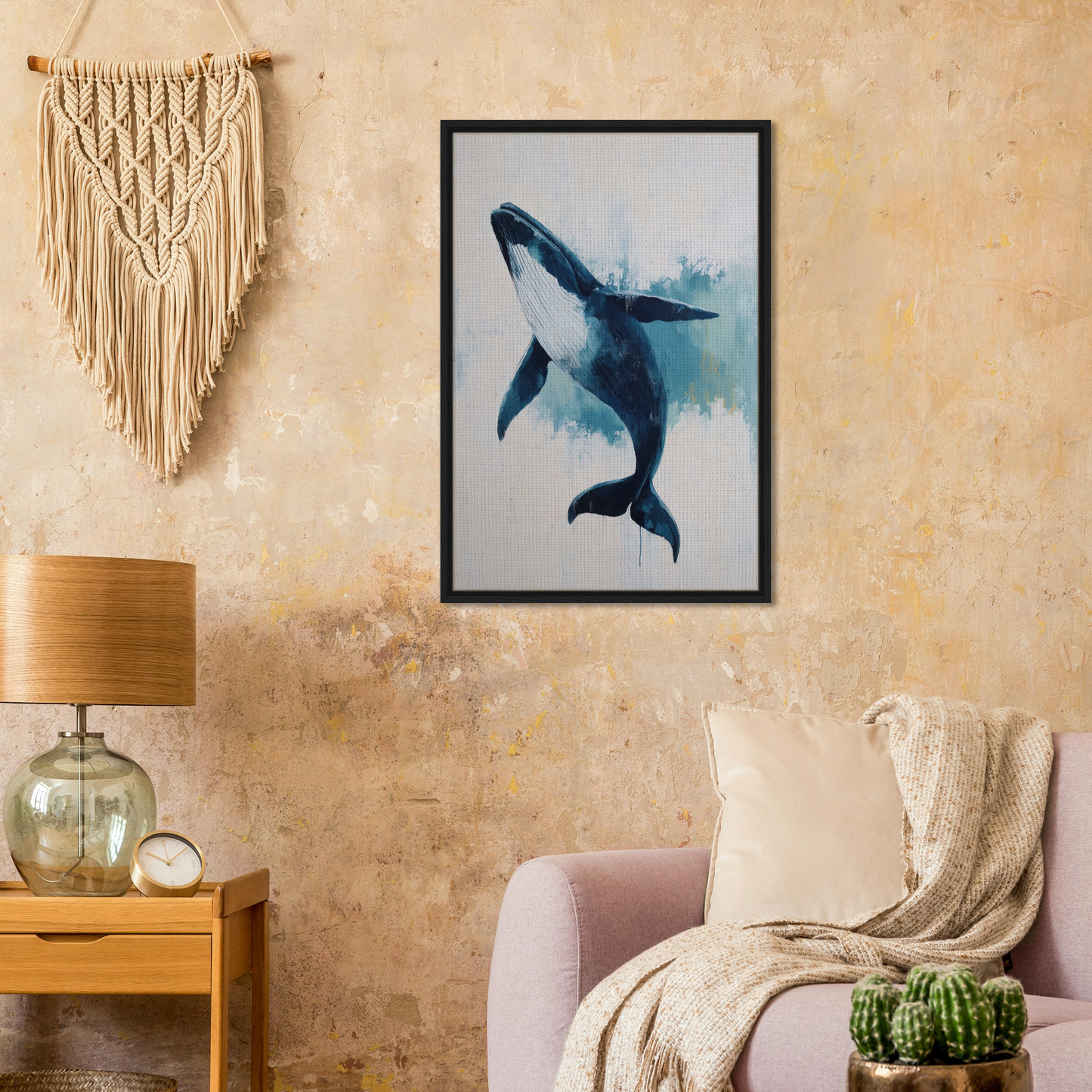 Framed watercolor painting of a blue whale in the Blue Whale Waltz canvas print