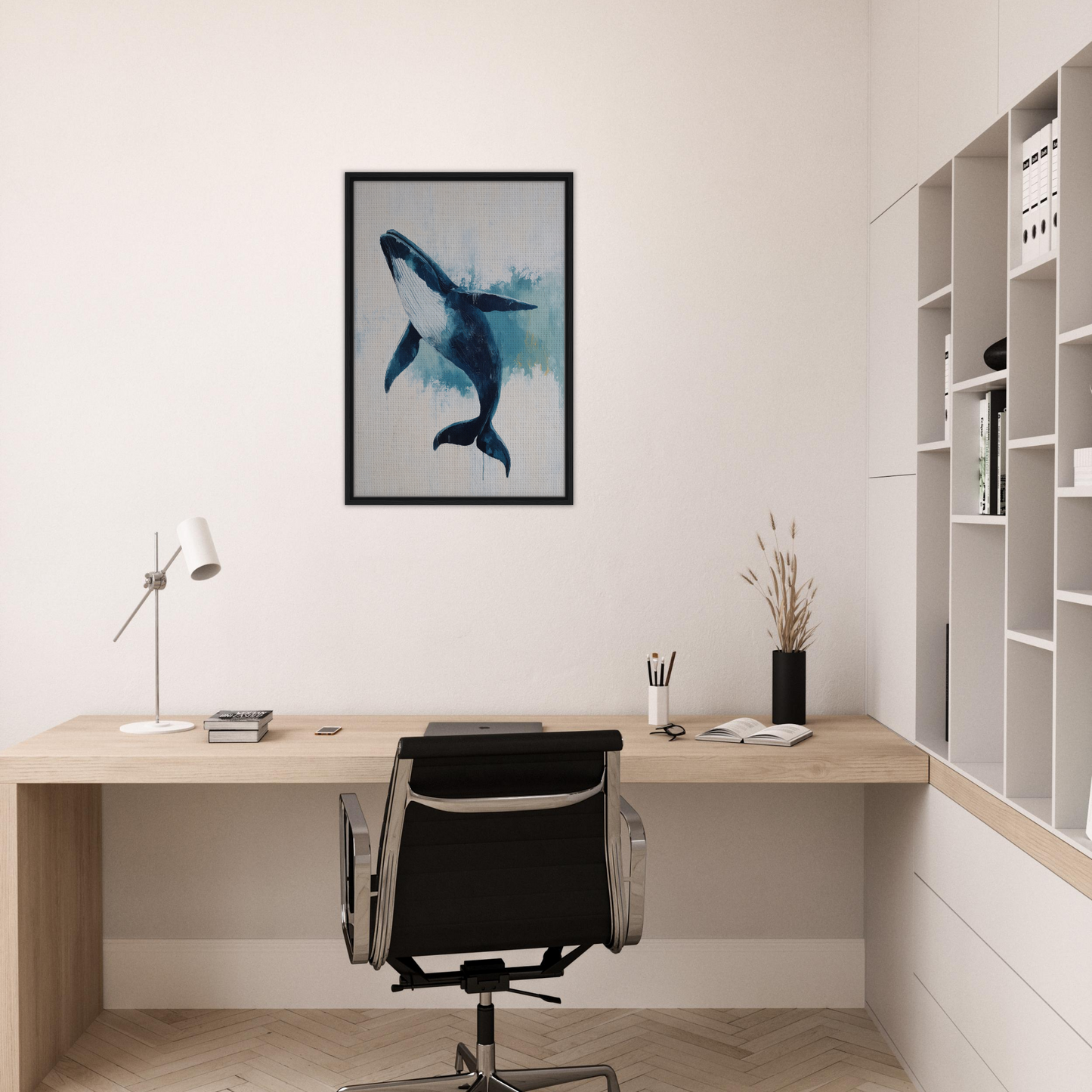 Framed artwork of a blue whale swimming for elegant room decor, Blue Whale Waltz