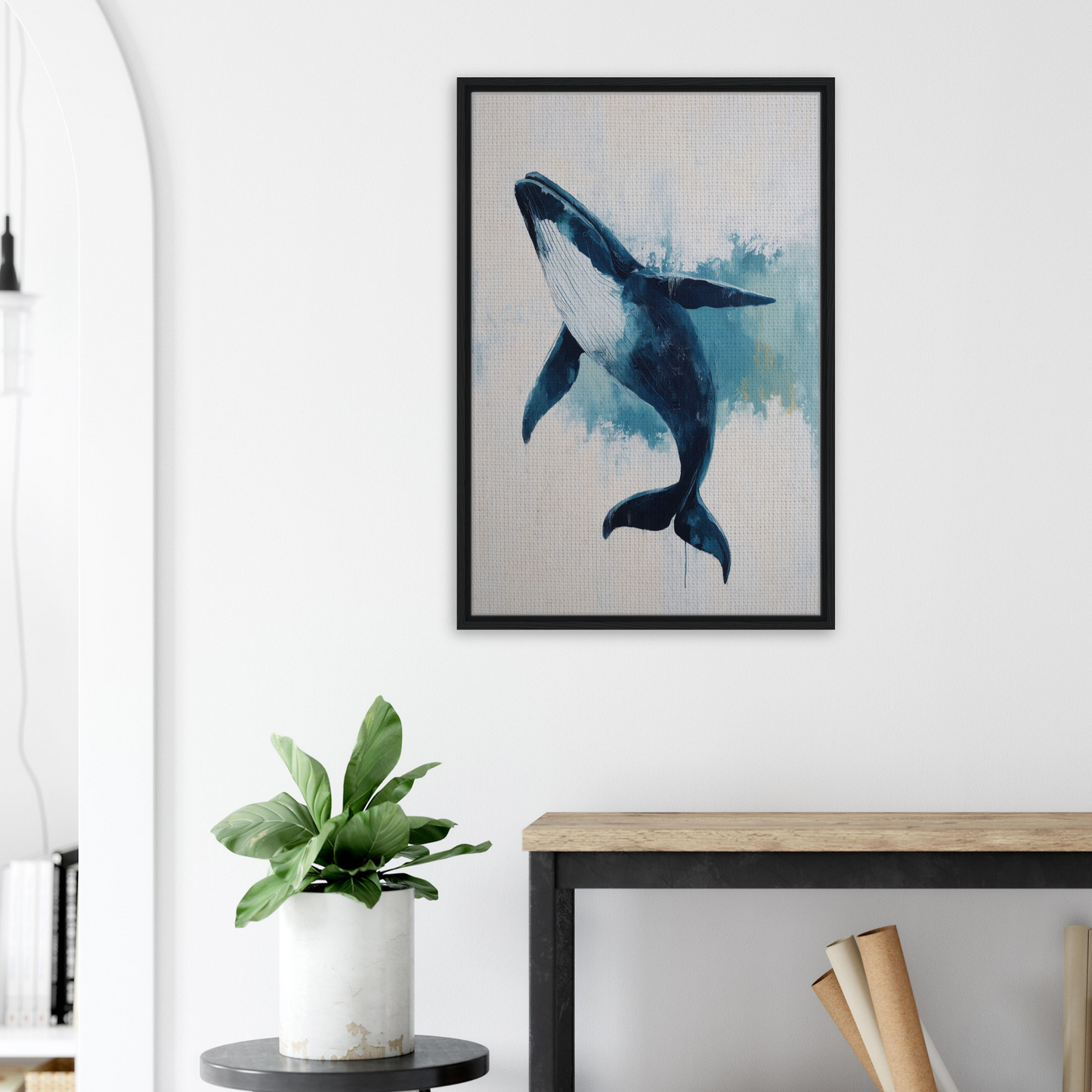 Framed artwork of a blue whale waltz emerging from water splash for elegant room decor