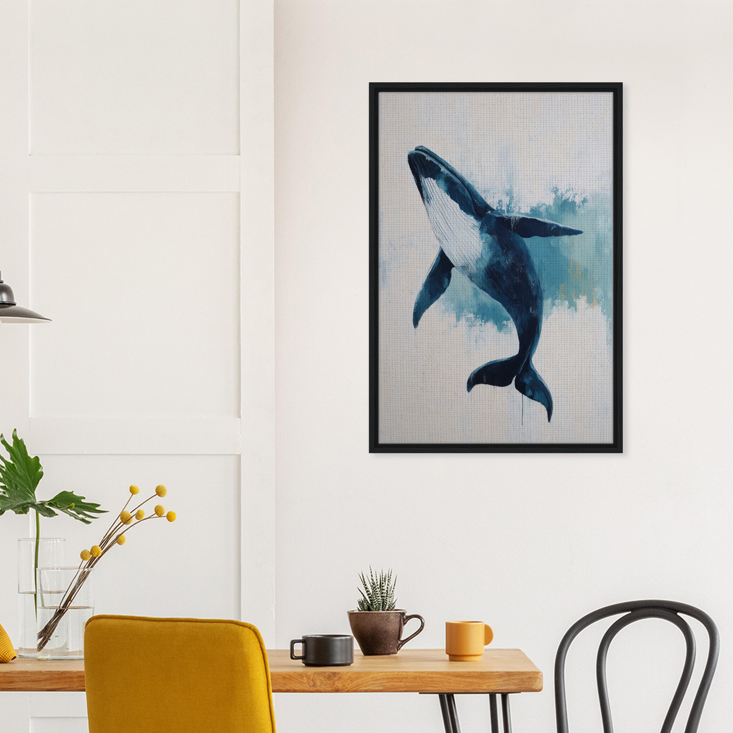 Framed artwork of a blue whale in watercolor style for Blue Whale Waltz room decor
