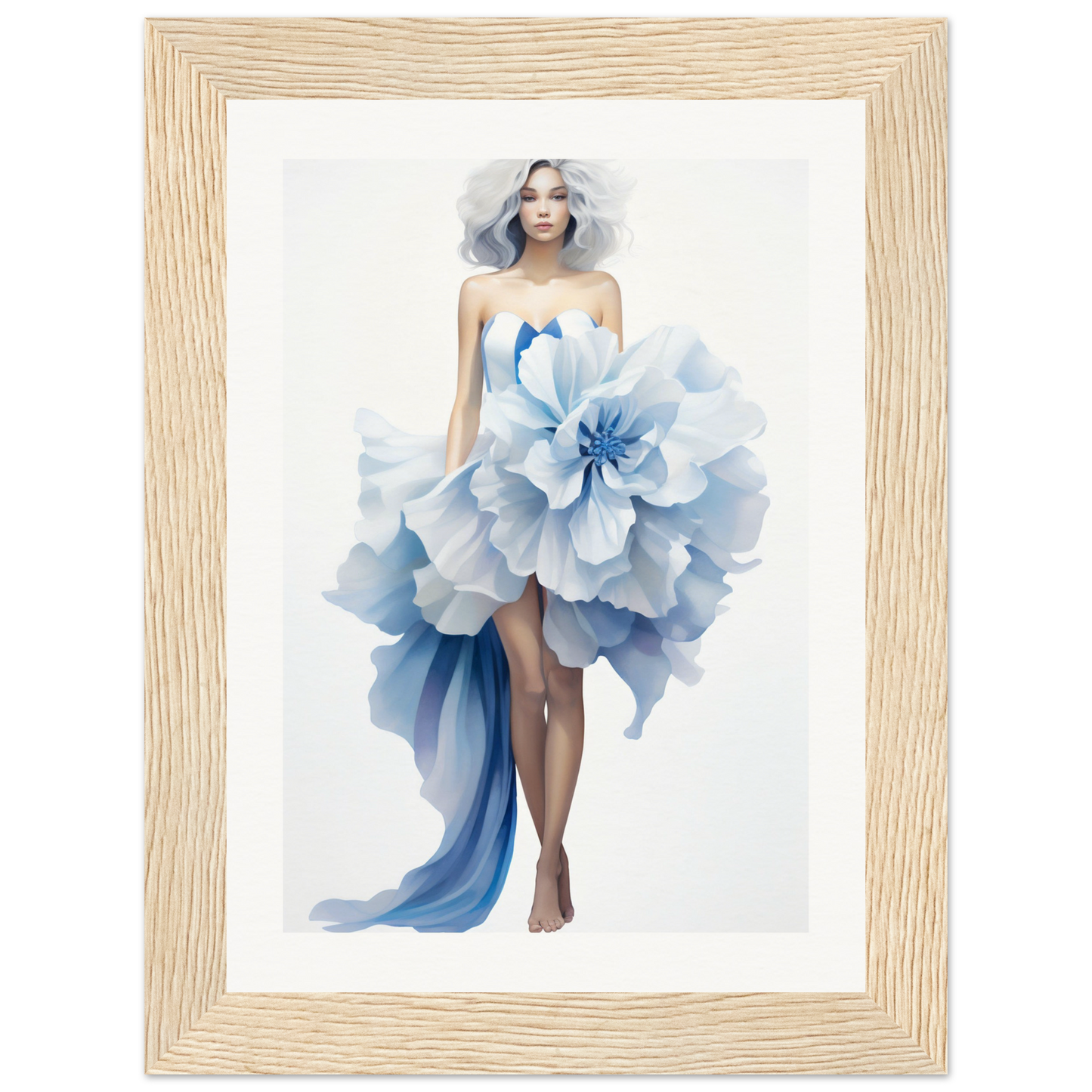 A blue and white dress with a large flower on the bottom