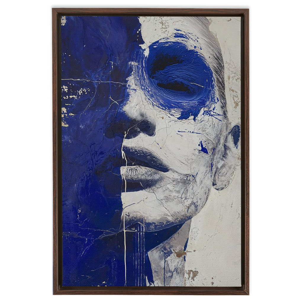 A blue and white painting with a face