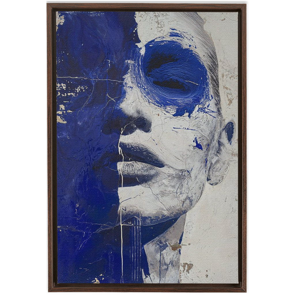 A blue and white painting with a face