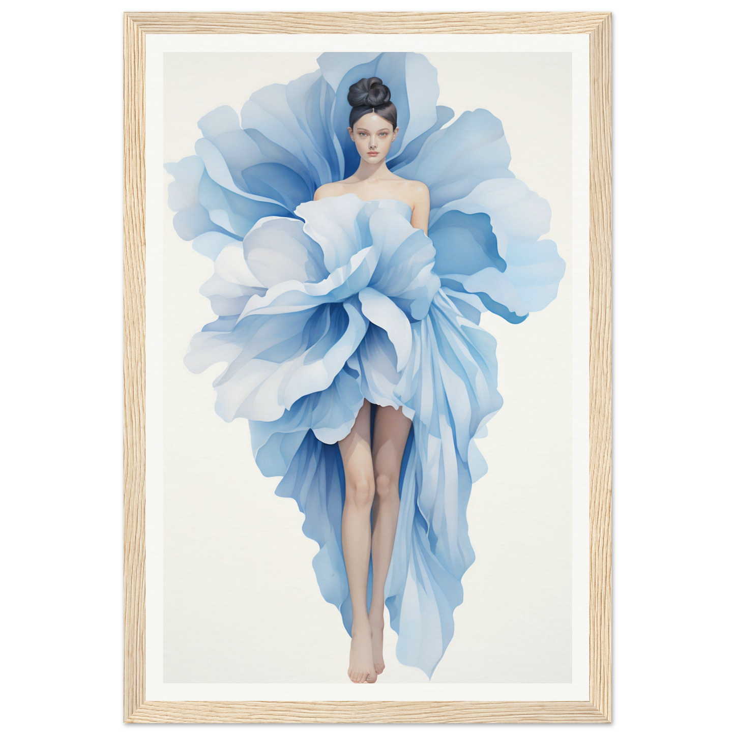 A blue and white painting of a woman in a dress