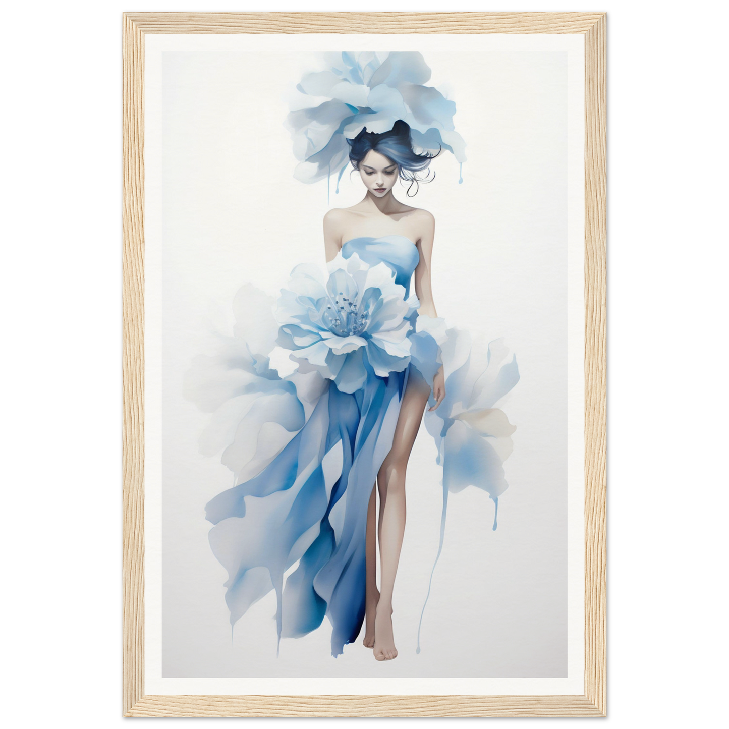 A blue and white painting of a woman in a dress with flowers
