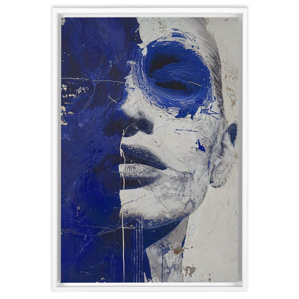 A blue and white painting of a woman’s face
