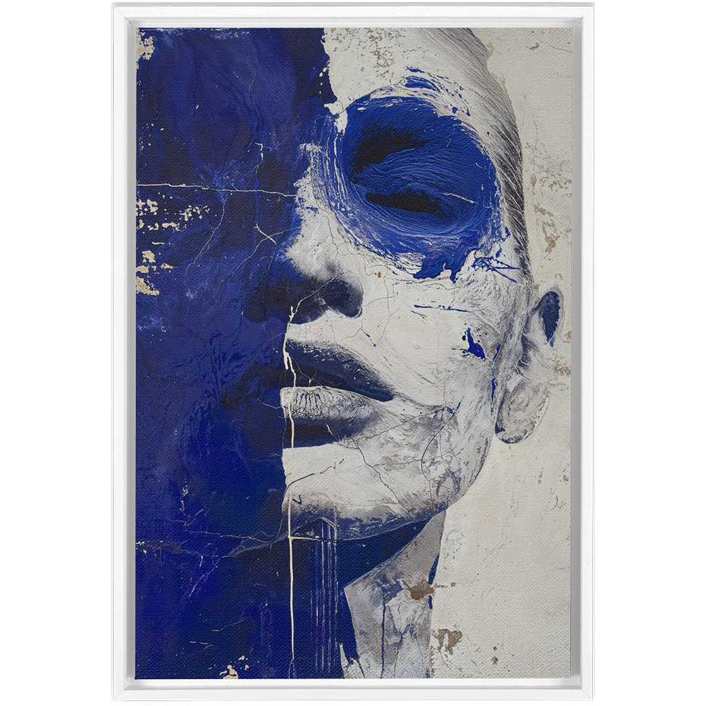 A blue and white painting of a woman’s face