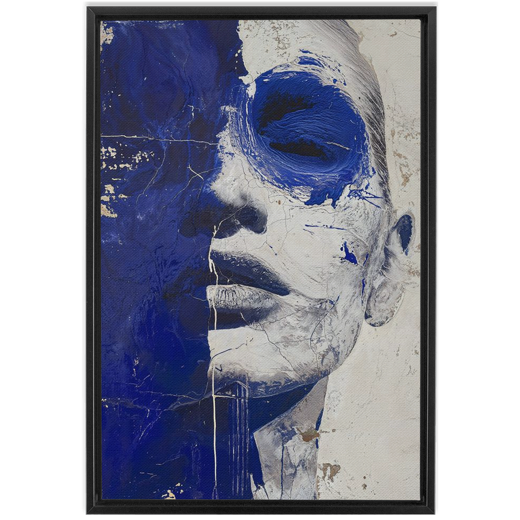 A blue and white painting of a woman’s face