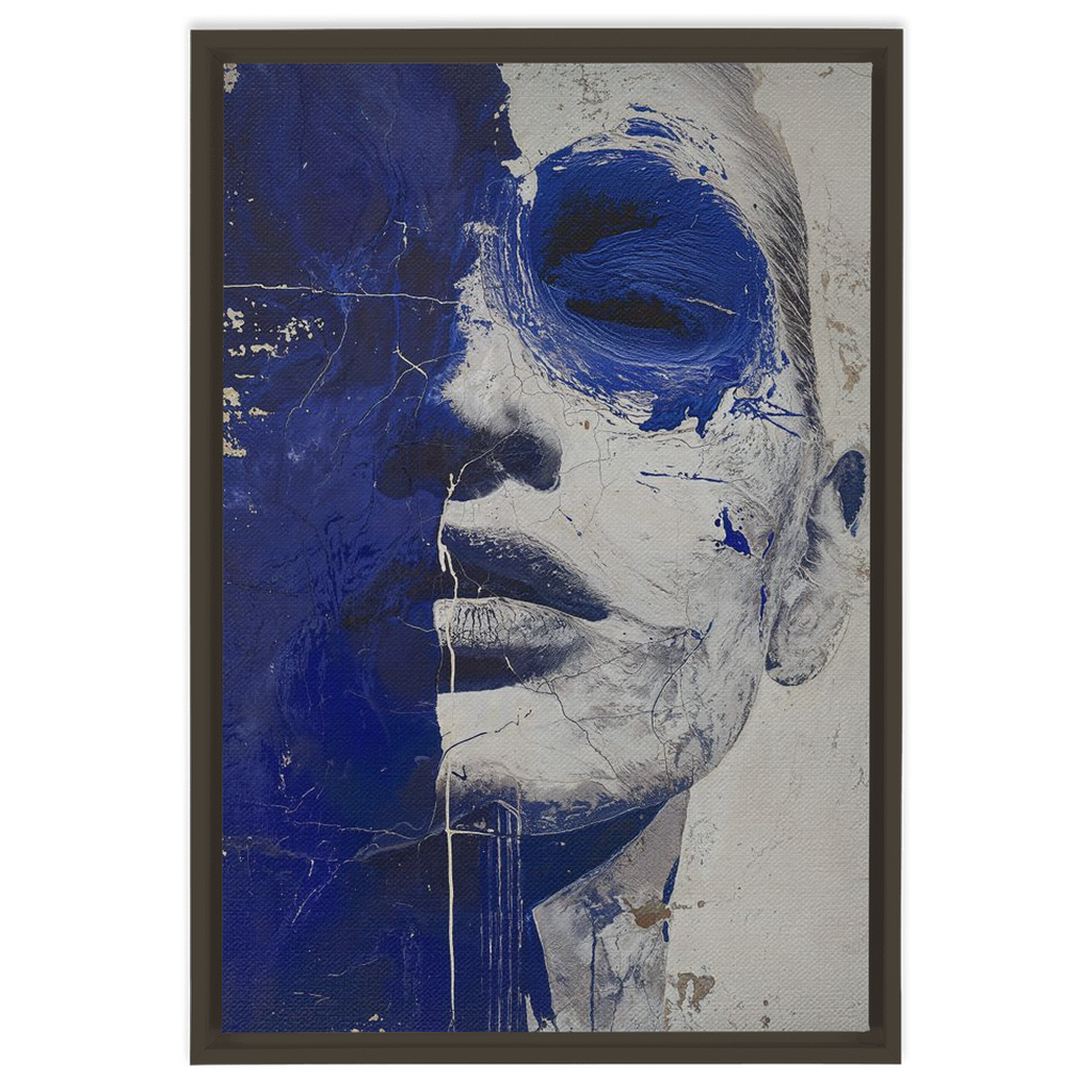 A blue and white painting of a woman’s face