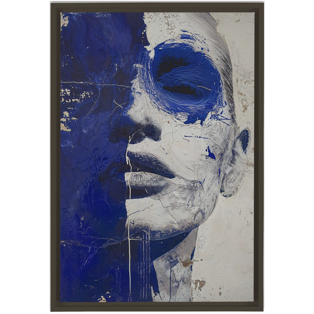 A blue and white painting of a woman’s face