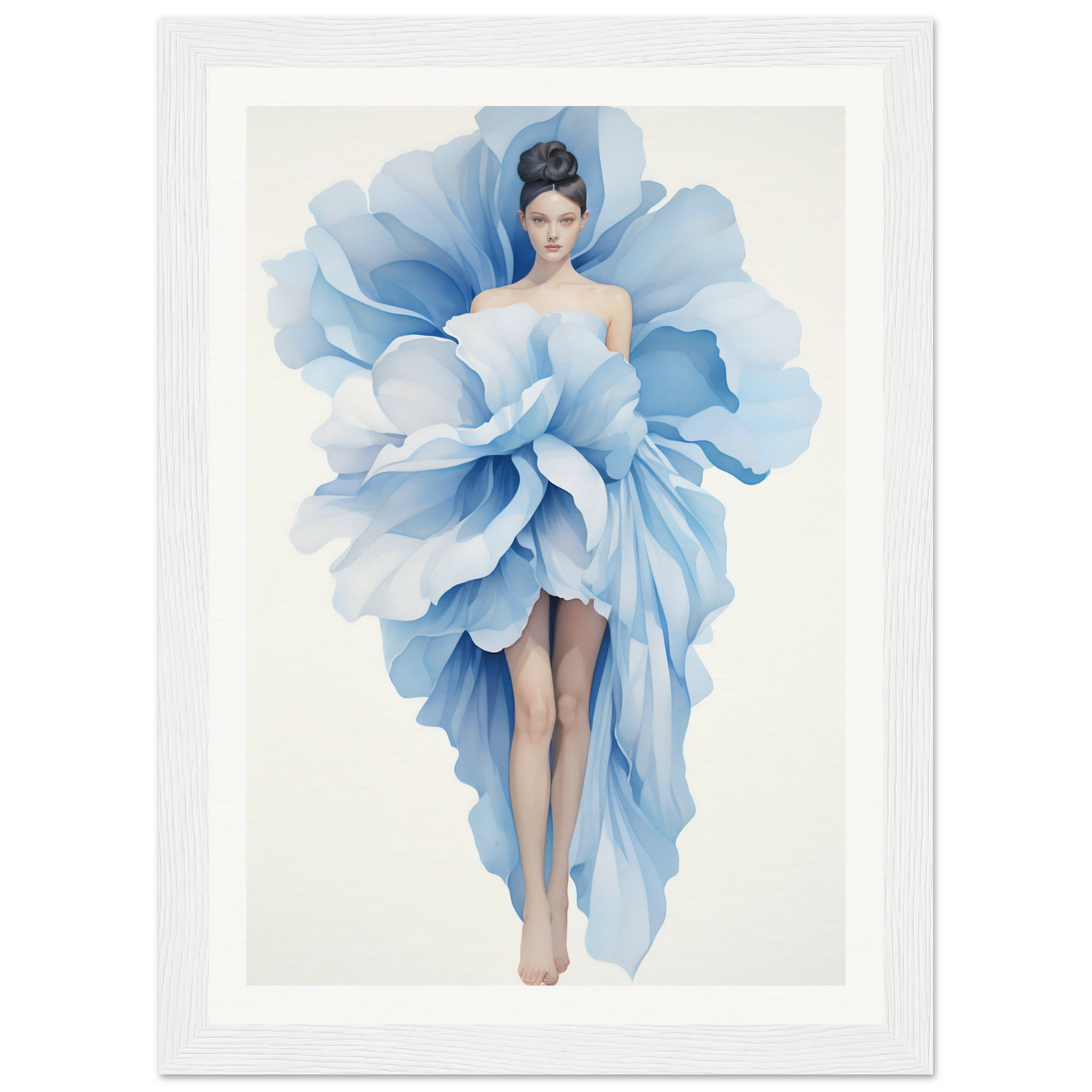 A blue and white print with a woman in a dress