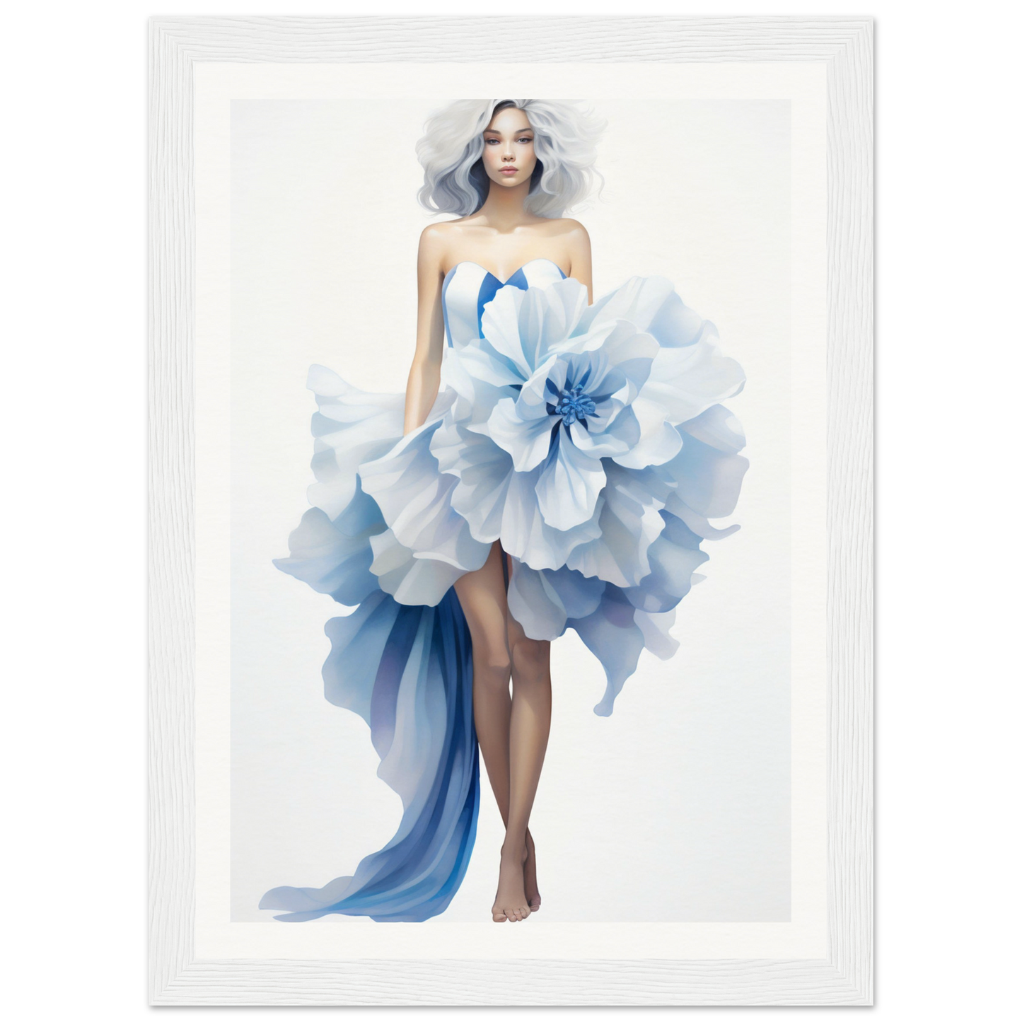 A blue and white print with a woman in a dress