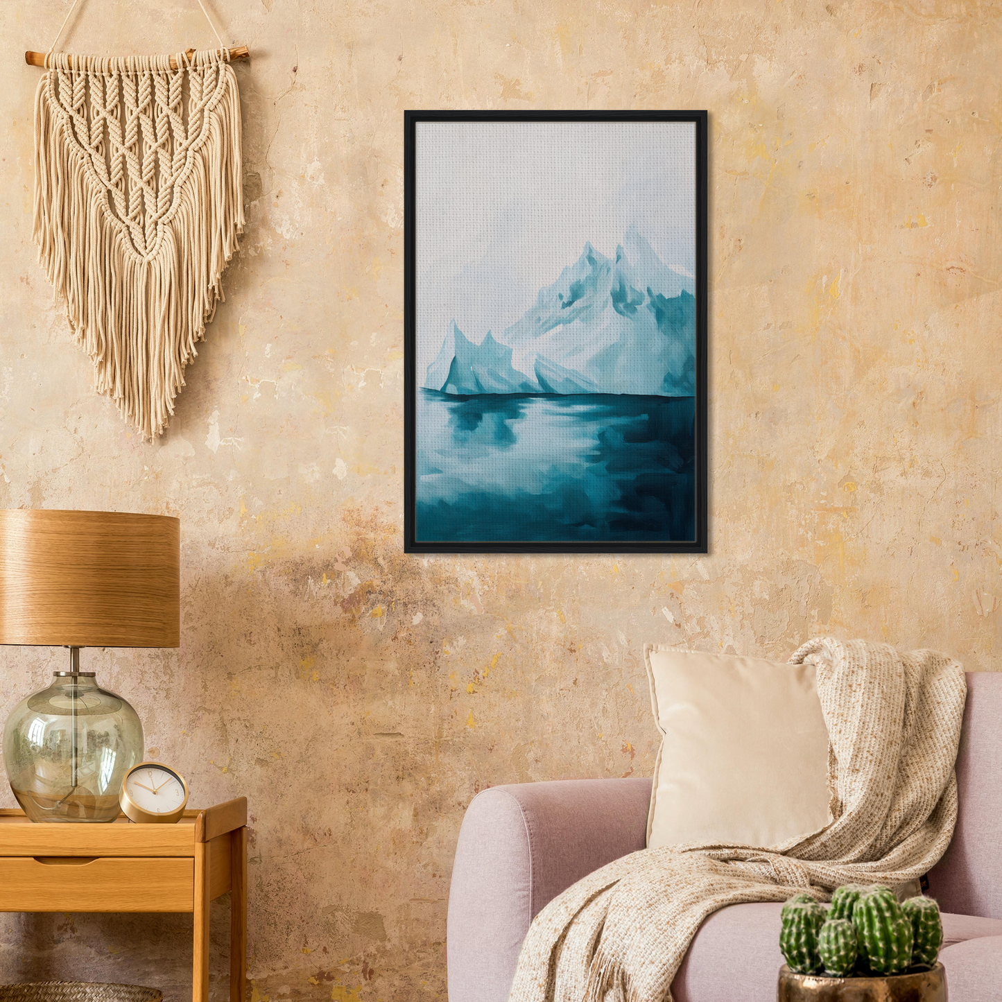 Framed canvas print of icebergs in blue tones, Blued Isolation Rapture by Fashion Oracle™