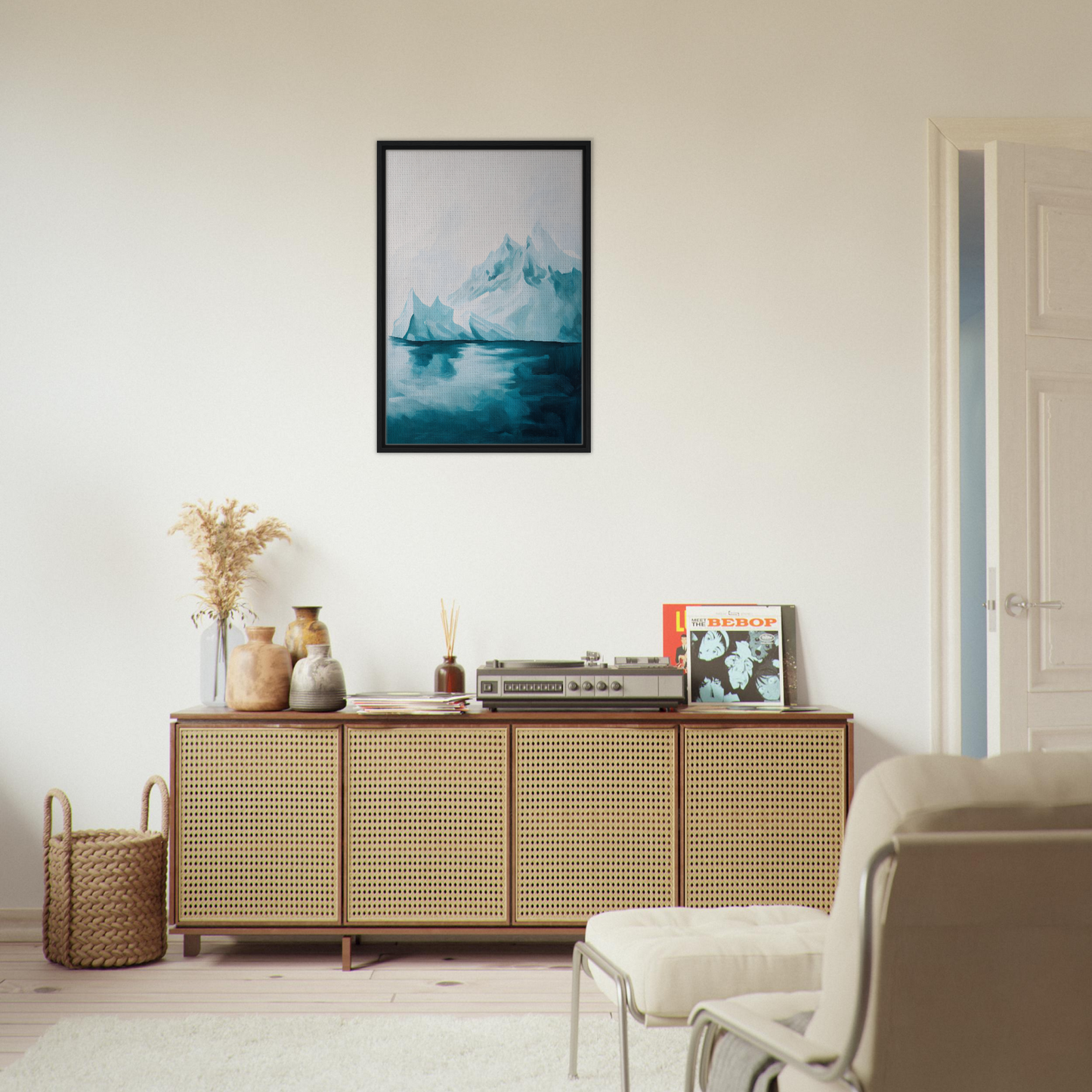 Wooden sideboard with rattan doors and decor atop for Blued Isolation Rapture Room Decor