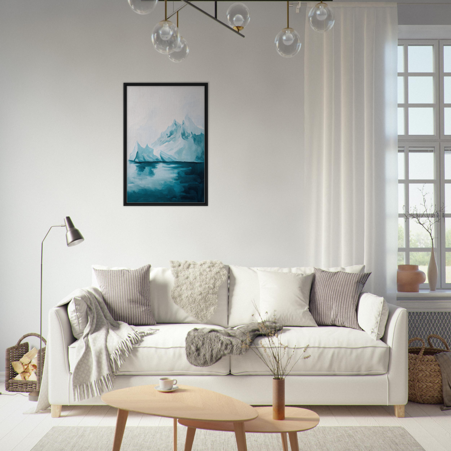White sofa with throw pillows and blankets in Blued Isolation Rapture for stylish room decor