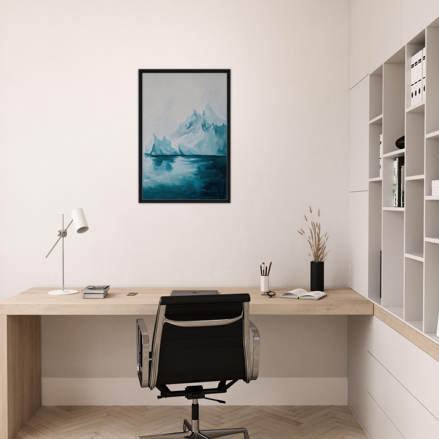 Minimalist home office featuring Blued Isolation Rapture and a framed canvas print