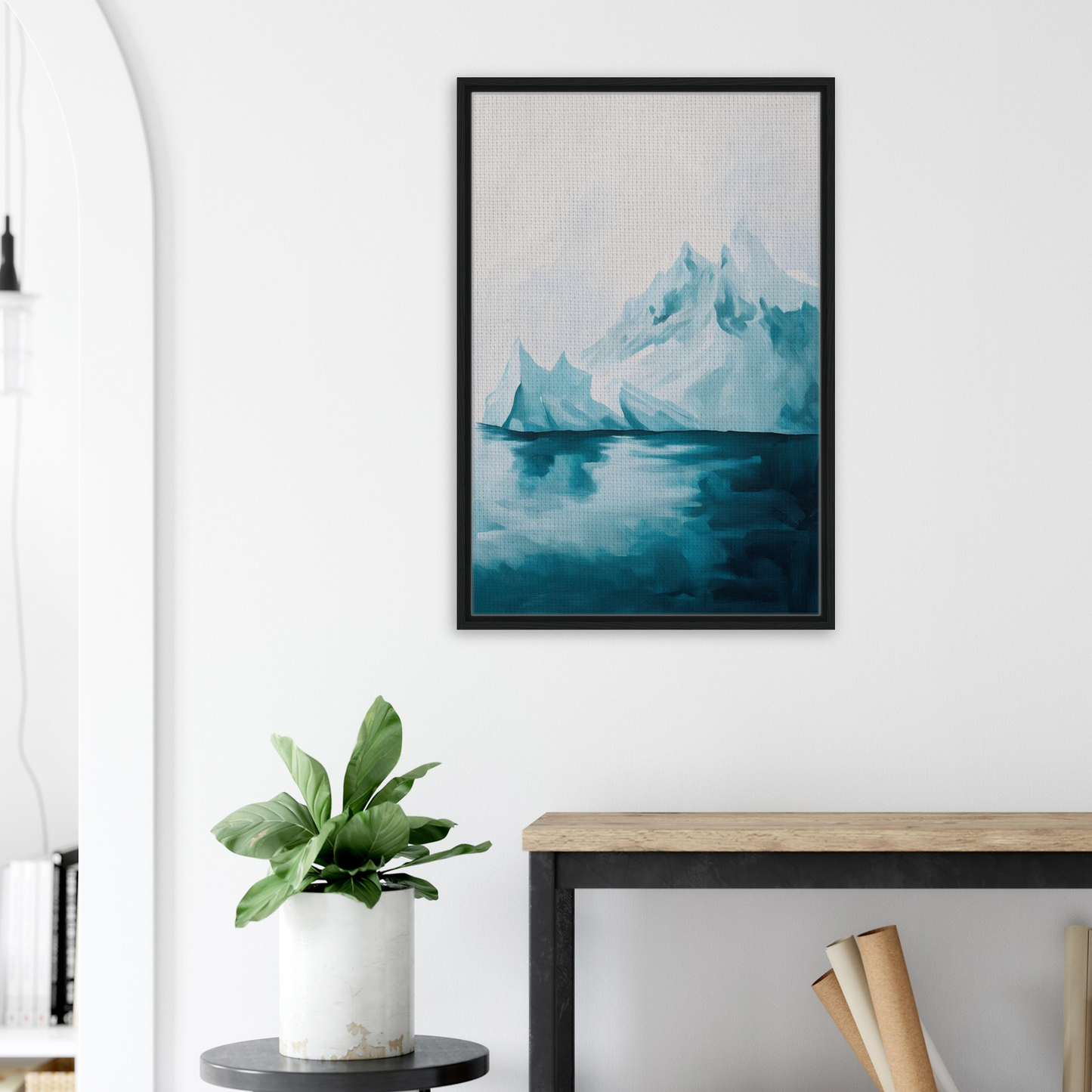 Framed canvas print of icy blue mountains in Blued Isolation Rapture by Fashion Oracle